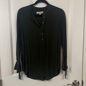 LOFT Dark Green Henley Button-Front Long Sleeve Blouse